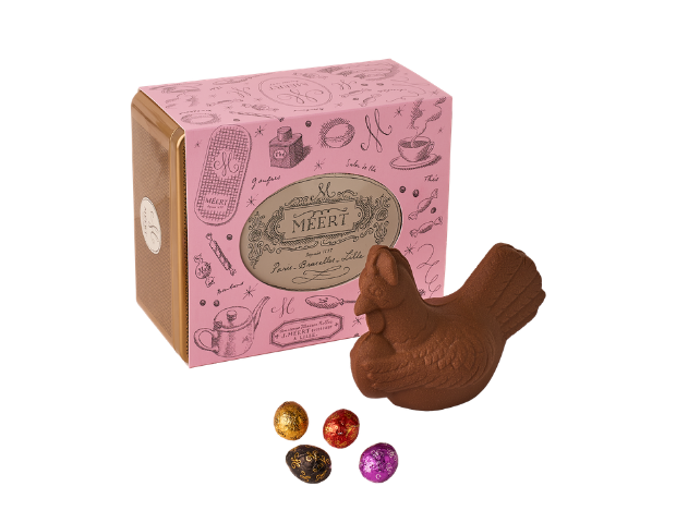 Poule de Pâques garnie - Lait (coffret métal)